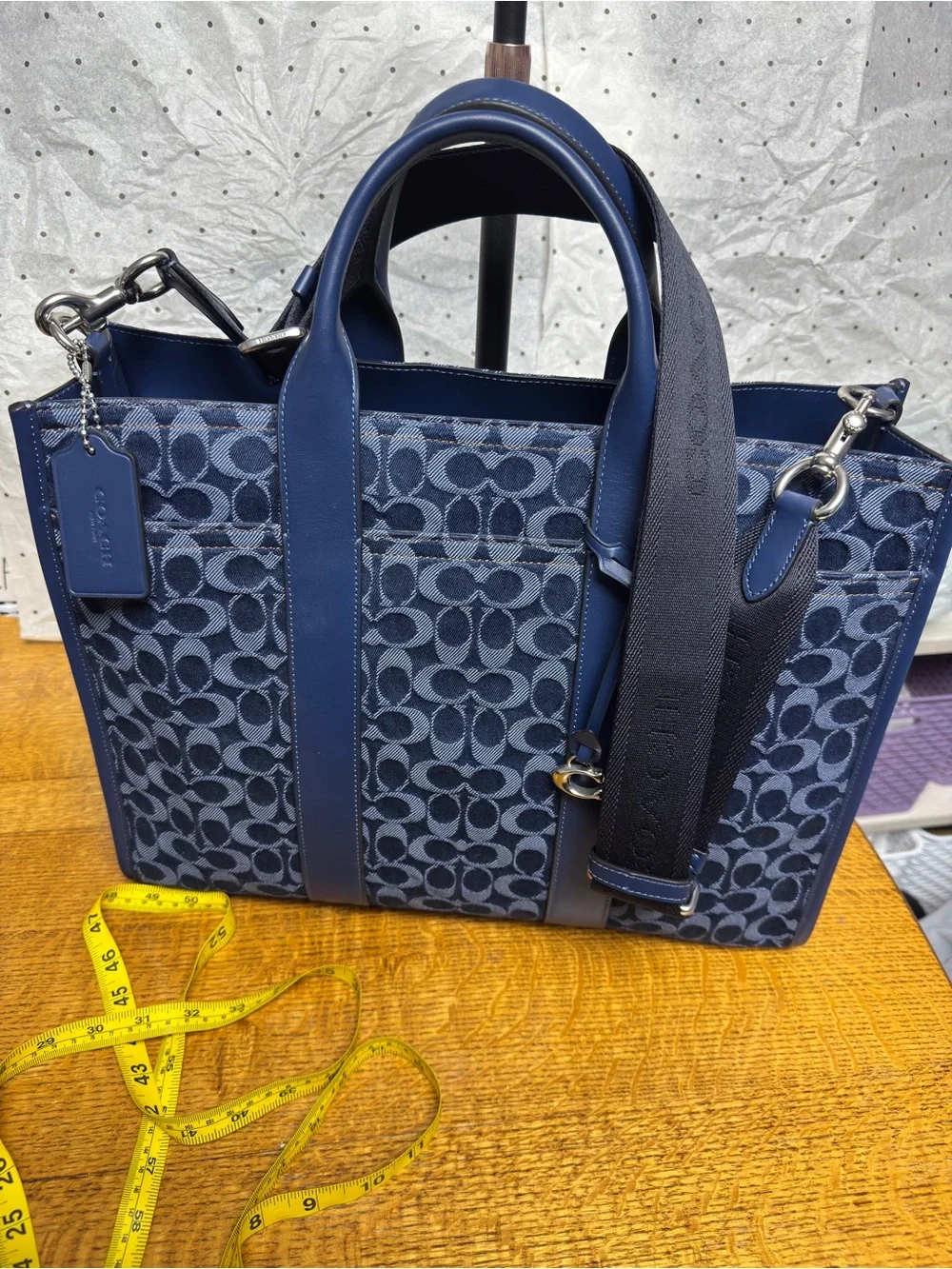 NEW Coach Wesley Blue denim Signature Monogram Tote with Leather Trim